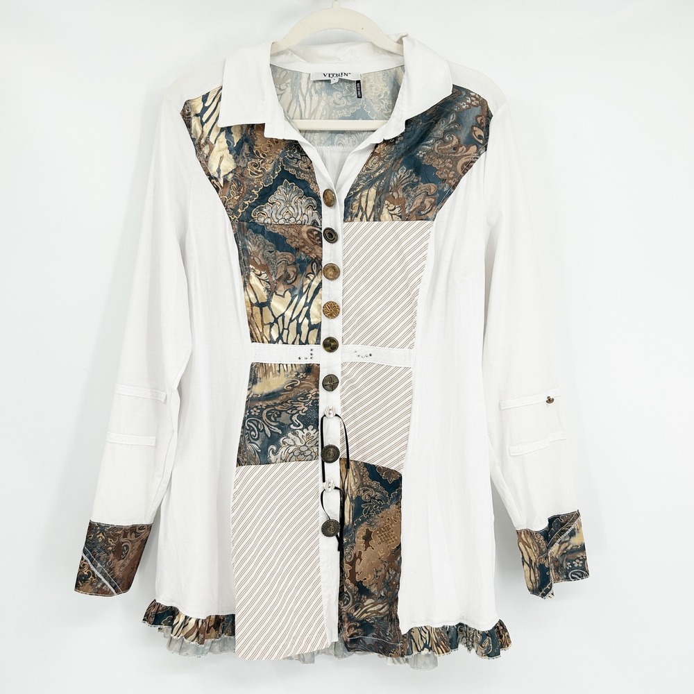 Vitrin Design Womens Artsy Boho Patchwork Embellished Button Front Blouse Size L